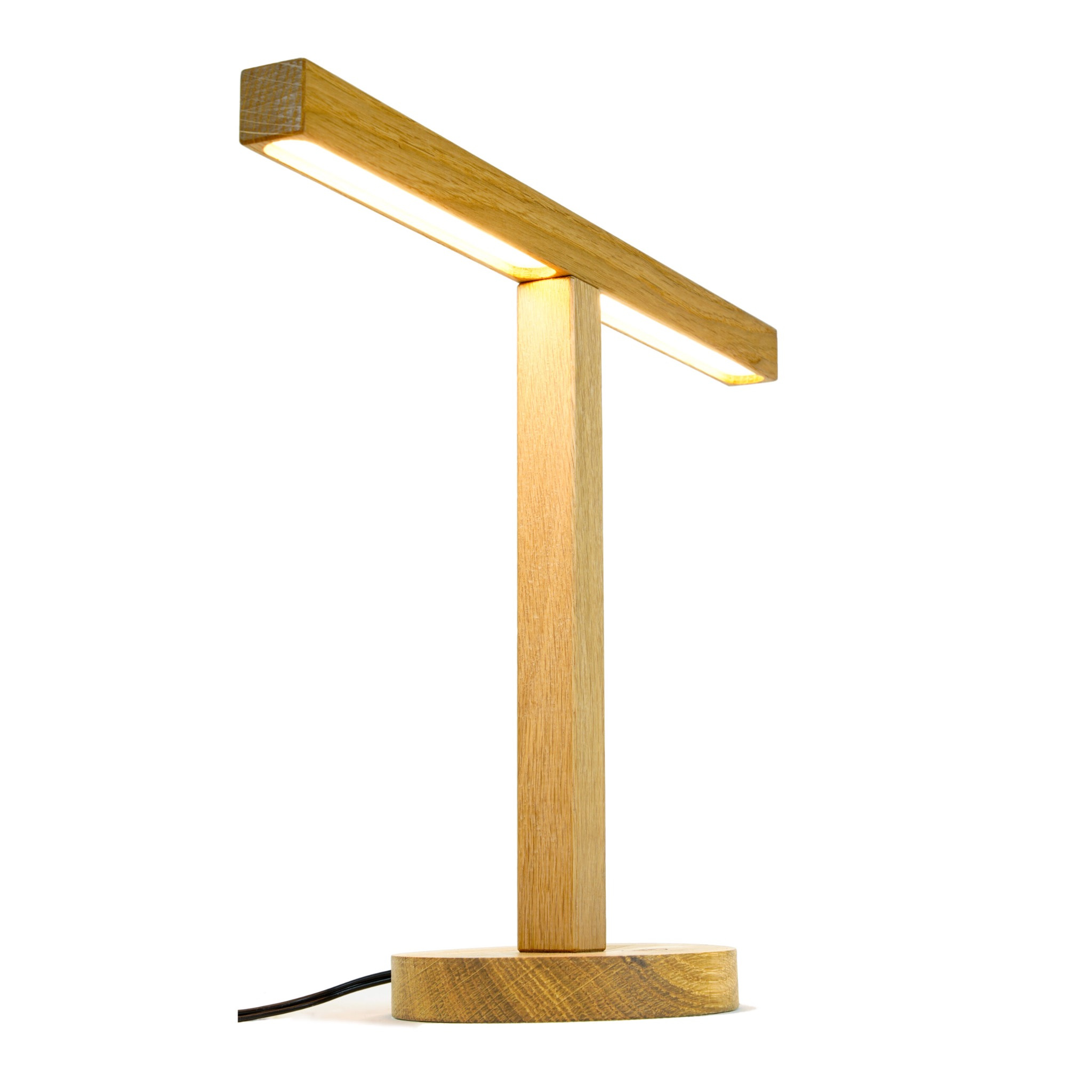 Detail van de verlichte houten lichtbalk van de Arend Groosman T lamp